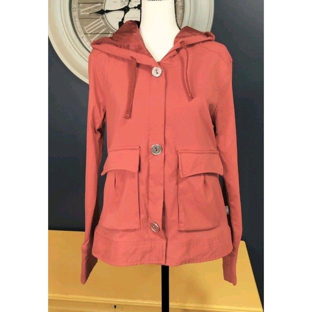 Prana Hooded Jacket Women's M Salmon Dark Coral Full Zip Buttons Pockets Casual